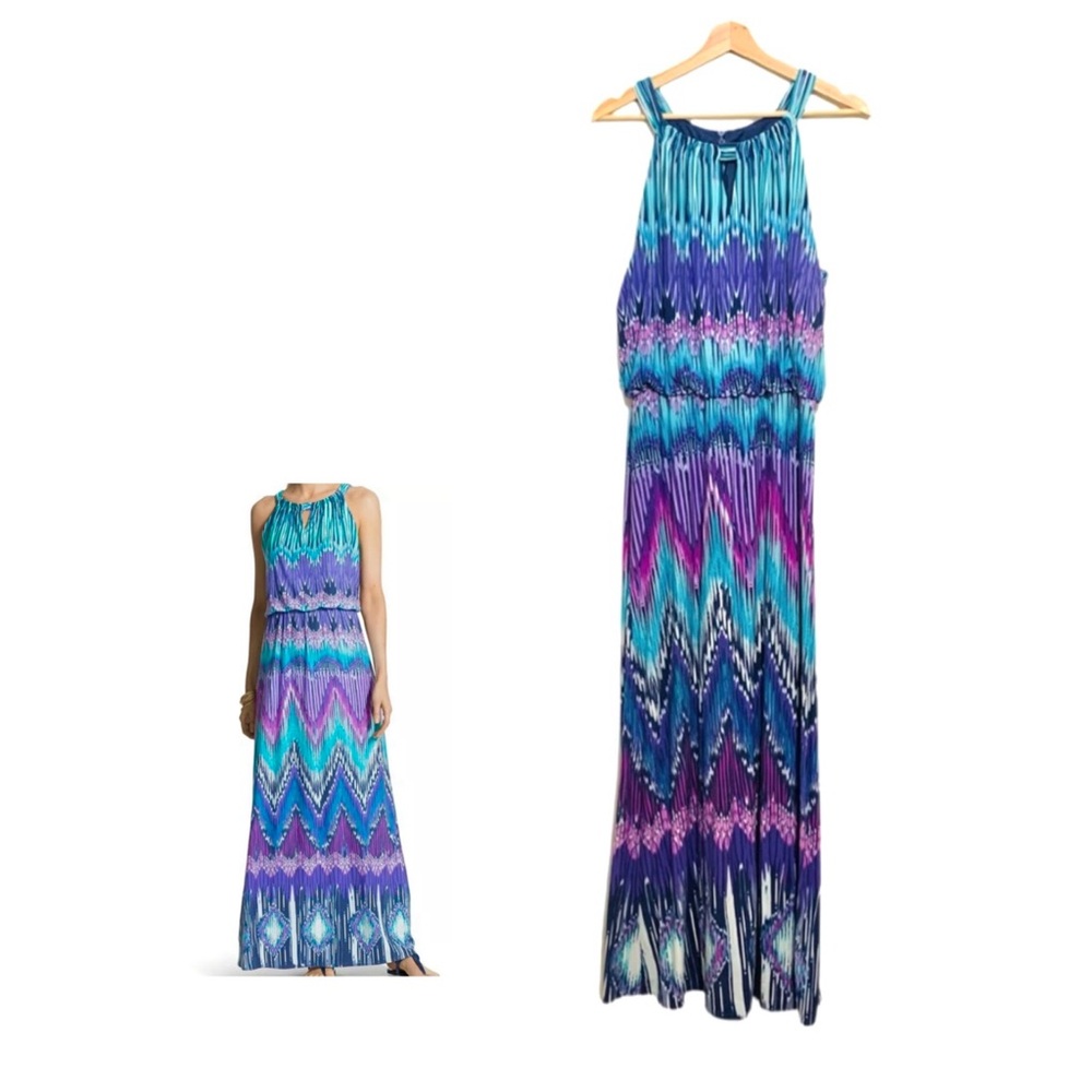 Chico's Maxi Dress Ikat Stretch Knit Aztec Purple Blue Long Maxi Dress Large